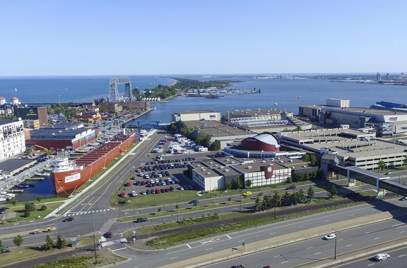 View of DECC, Lift Bridge and lake Superior from the US Bank Building in Duluth